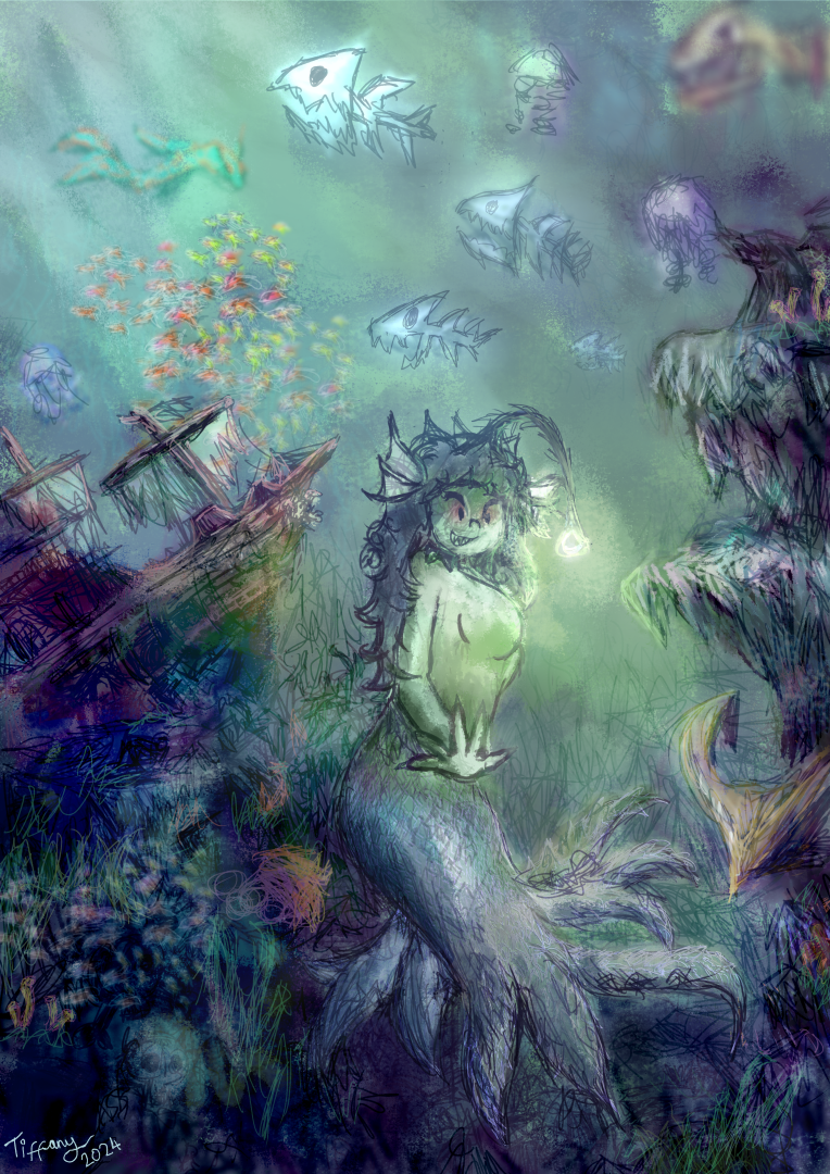 Illustration of a murky deep sea location with some cliffs, coral and a sunken ship. The focus of the image is a mermaid with an angler fish inspired design and tentacles. Smaller skeletal fish and jellyfish also populate the background.